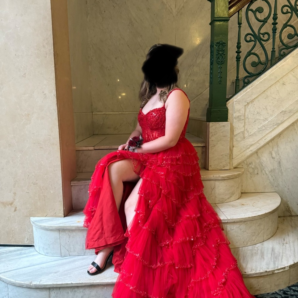 Sherry Hill Red Gown with Ruffle Details
